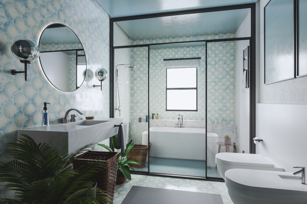 Empty bathroom, 3D generated image.